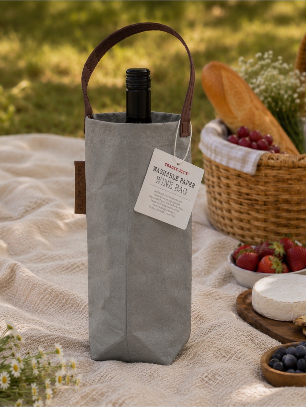 Trader Joe’s Washable Paper Wine Bag Reusable Grey Bottle Tote NWT